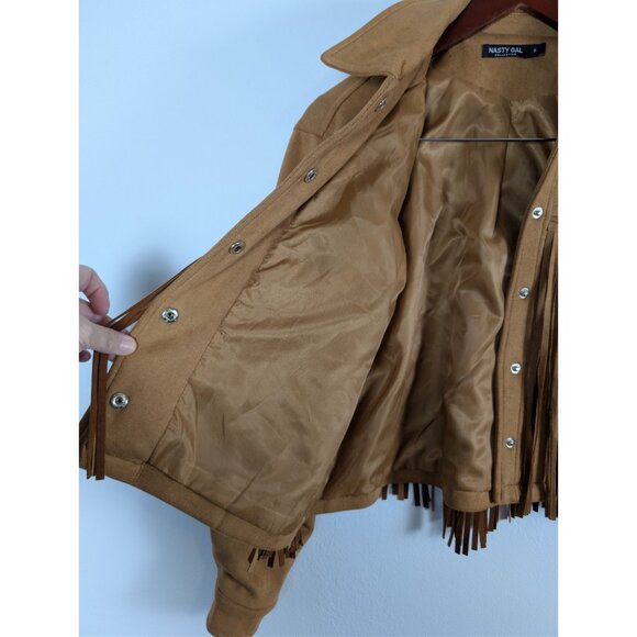 Nasty Gal Women's Camel Tan Fringe Faux Suede Jacket Western Cowgirl Size Small - Picture 11 of 16